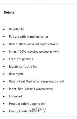 ADIDAS Mens REAL MADRID ANTHEM REVERSIBLE JACKET Sz L IQ0549 New With Tags